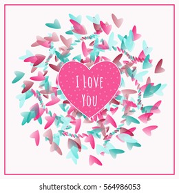 I love you card. Congratulation with Valentine's Day, Mother's Day, International Women's Day, birthday, anniversary. Geometrical mandala. Circle illustration with hearts. Postcard. Vector.