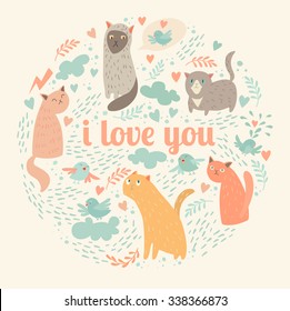 I love you card. Cute cartoon cats. Pattern background, romantic vector illustration