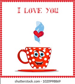 I love you card with cute smiling red mug with white polka dots pattern framed with hearts border. Vector illustration, love clip art, greeting card, invitation for valentine's day, wedding, dating.