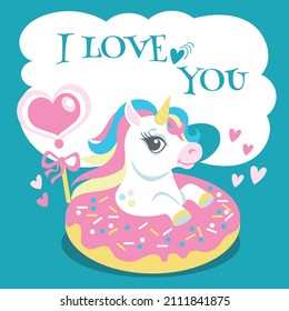 I love you card. Cute unicorn on sweet greeting banner