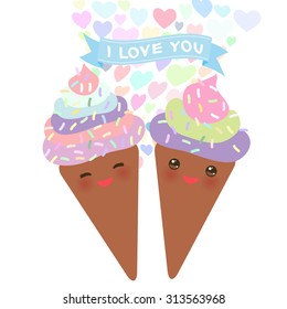 I love you Card design with chocolate Ice cream waffle cone Kawaii funny muzzle with pink cheeks, pastel colors on white background. Vector
