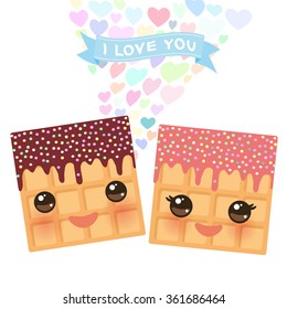 I love you Card design with hearts Kawaii Belgium waffles with pink cheeks and winking eyes, pastel colors on white background. Vector