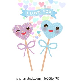 I love you Card design with hearts Kawaii Colorful Sweet Cake pops with pink cheeks and winking eyes, pastel colors on white background. Vector