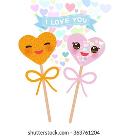 I love you Card design with hearts Kawaii Colorful Sweet Cake pops with pink cheeks and winking eyes, pastel colors on white background. Vector