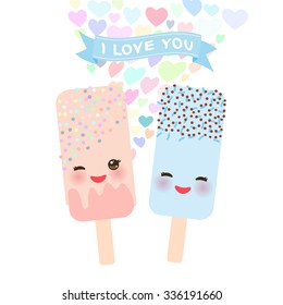 I love you Card design with Kawaii mint and strawberry Ice cream, ice lolly with pink cheeks and winking eyes, pastel colors on white background. Vector