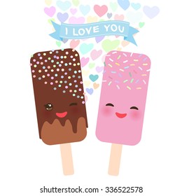 I love you Card design with Kawaii chocolate and strawberry Ice cream, ice lolly with pink cheeks and winking eyes, pastel colors on white background. Vector