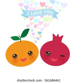 I love you Card design with Kawaii pomegranate and tangerine with pink cheeks and winking eyes, pastel colors on white background. Vector