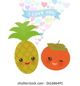 I love you Card design with Kawaii pineapple and persimmon with pink cheeks and winking eyes, pastel colors on white background. Vector