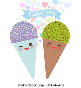 I love you Card design with Kawaii Ice cream waffle cone funny muzzle with pink cheeks and winking eyes, pastel colors on white background. Vector
