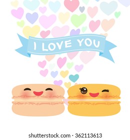 I love you Card design Kawaii macaroon with pink cheeks and winking eyes, pastel colors on white background. Vector