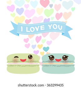 I love you Card design Kawaii macaroon with pink cheeks and winking eyes, pastel colors on white background. Vector