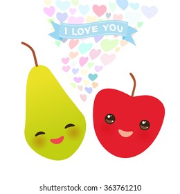 I love you Card design with Kawaii apple and pear with pink cheeks and winking eyes, pastel colors on white background. Vector