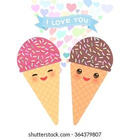 I love you Card design with Kawaii Ice cream waffle cone funny muzzle with pink cheeks and winking eyes, pastel colors on white background. Vector