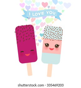 I love you Card design with mint, raspberry and pomegranate Ice cream, ice lolly with pink cheeks and winking eyes, pastel colors on white background. Vector
