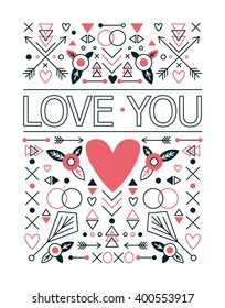 Love you. Card design with trendy elements made in linear style. Can be used for print or web designs.