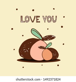 Love you card in doodle style. Peach on yellow background. Desing for your holidays. Artwork vector illustration. Cute fruits. Child and adults postcard.