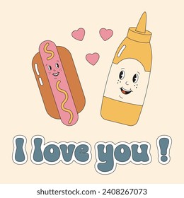 Ich liebe dich als Karte. Essen romantisches Konzept mit glücklichem hot dog und Senf zusammen, perfekte Paar, verliebtes Paar. Cute Valentins Tag, Kartenliebe Spiel in groovy Retro Vintage Stil.