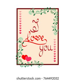 I love you card. Frame rectangle of twig and heart. Fashion graphic background. Modern stylish abstract texture. Colorful template for prints, textiles, wrapping. Design element. Vector illustration