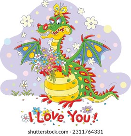 I love you card with a funny fire-breathing dragon and a beautiful bouquet of colorful summer flowers, vector cartoon illustration