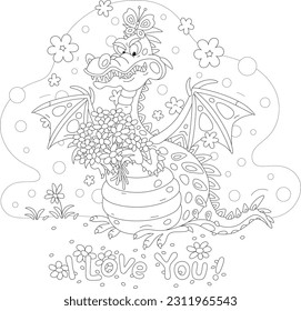 I love you card with a funny fire-breathing dragon and a beautiful bouquet of summer flowers, black and white outline vector cartoon illustration