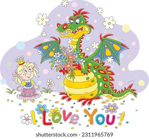 I love you card with a funny little princess and her friend fire-breathing dragon with a colorful bouquet of beautiful flowers from a royal garden, vector cartoon illustration