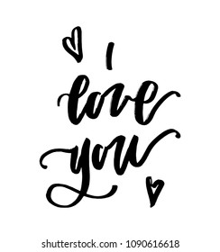 I love you Card handwritten with hearts. Modern brush calligraphy. I love you phrase for card or poster.  Vector quote. Ink illustration. Phrase for card or poster.