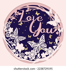 Love You card, paper cut art style, paper craft. Card template with flowers. Layered paper cutting template. Valentine's card