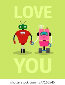 Love you card with robots on light green background, vector illustration