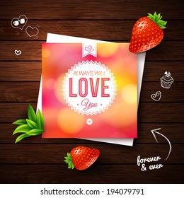 Love You card. Romantic design on wooden background. Vector image. 