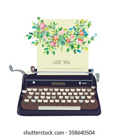 Love you card with typewriter and flower - conceptual vector illustration