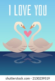 I love you card for Valentine Day with loving swans couple in lake, cartoon flat vector illustration. Typography banner or poster design for Valentine holiday.