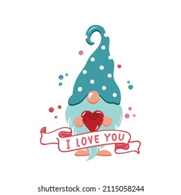 Te amo la tarjeta. Valentine Gnome con corazón de amor. Ilustración vectorial. Cuidado elfo de estilo plano. Caricatura. Diseño para la decoración del día de San Valentín, tarjeta de saludo, etiqueta de regalo, impresión de camisetas