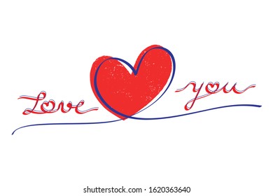 Love you card, Valentines day greeting card with calligraphy and hand drawn design, Vector illustration