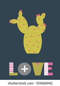 Love you card for Valentine's day with cute cactus. Vector illustration