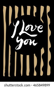 I Love You card. Vertical vintage unique hand drawn modern calligraphic greeting card on black and gold waves background with ink brush lettering. Vector illustration