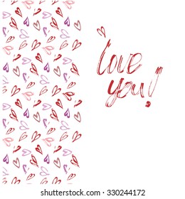 Love you card , wedding card , invitation template with hearts , vector illustration hand painted.