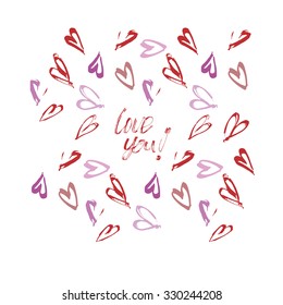 Love you card , wedding card , invitation template with hearts , vector illustration hand painted.