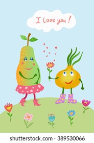 I love you card.Vector card with cute cartoon character.Hand drawing childish style.Lovers under an umbrella.Cute characters pear and onion.Spring, hearts, flowers