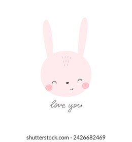 Love you. Cartoon bunny, hand drawing lettering. colorful vector illustration, flat style. design for print, greeting card, poster decoration, cover.