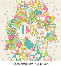 I love you! Cartoon card made of cherry and sweets.
