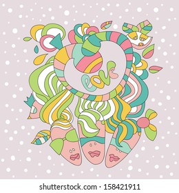 I love you! Cartoon card made of cherry and sweets.