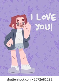 I Love You Cartoon. Cheerful cartoon figure exclaiming "I Love You!" on a pastel purple background. Perfect for Valentine’s Day cards, heartfelt notes, or romantic designs.