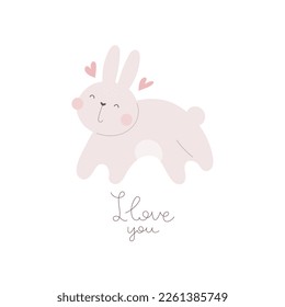 I love you. Cartoon rabbit, hand drawing lettering. colorful vector illustration, flat style. design for print, greeting card, poster decoration, cover