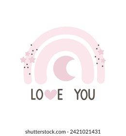 love you. Cartoon rainbow, hand drawing lettering, decoration elements. Colorful vector flat style illustration. Romantic design for cards, prints, posters, cover

