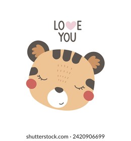 Love you. Cartoon tiger, hand drawing lettering. colorful vector illustration, flat style. design for print, greeting card, poster decoration, cover
