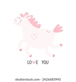 Love you. Cartoon unicorn, hand drawing lettering. colorful vector illustration, flat style. design for print, greeting card, poster decoration, cover.