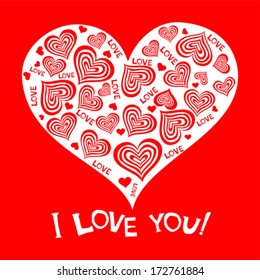 I love you! Celebration red background with hearts and place for your text. Vector Illustration 