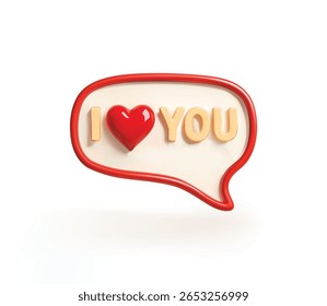 eu te amo no ícone vetorial 3d do Chat Bubble. Palavra de Amor com Símbolo de Coração em Plano de Fundo de Quadro Vermelho