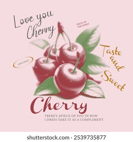 Love you Cherry com impressão de texto misturado em conjunto t-shirt design de impressão, cereja de meio-tom, vintage arte de design gráfico, design de moda das mulheres para tendência de impressão de frutas, projeto de t-shirt de verão, moletom