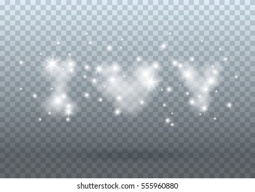 I Love You cloud Lettering with heart, glowing lights and stars isolated on transparent background. Vector template for Happy Valentine's Day greeting card design.